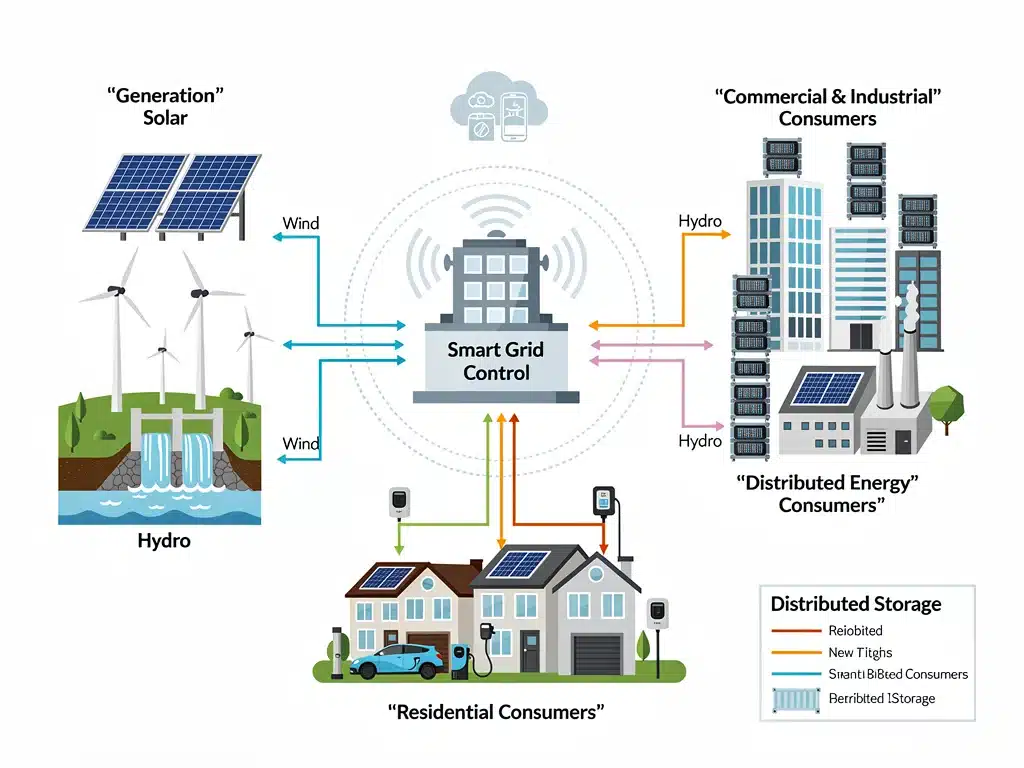 Infographic showing smart grid integration of renewable energy and battery storage.
