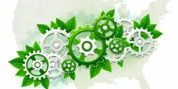 Sustainable supply chain gears with green leaves over a US map, representing local sourcing initiatives.