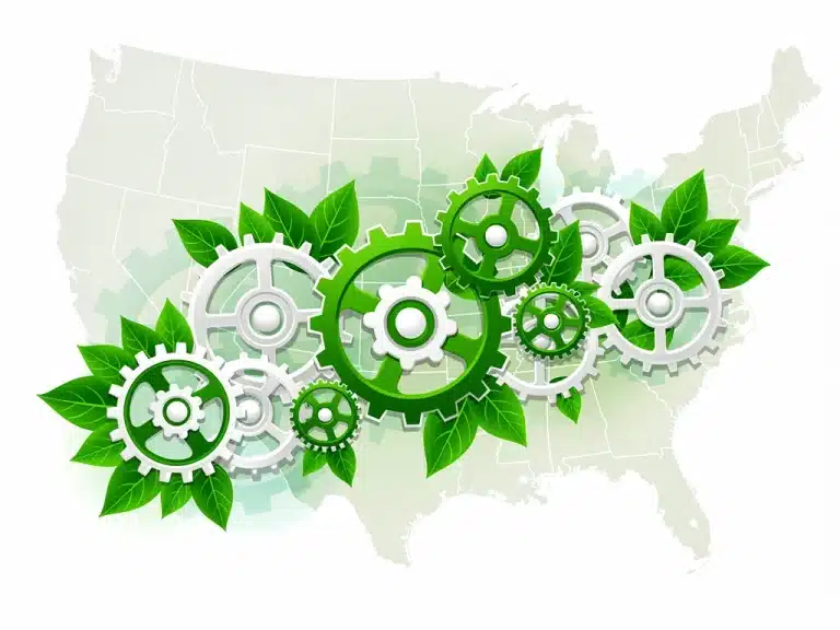 Sustainable supply chain gears with green leaves over a US map, representing local sourcing initiatives.