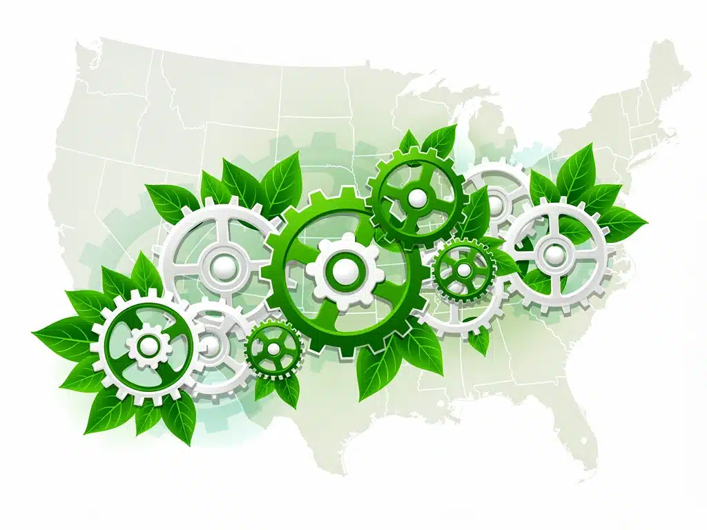 Sustainable supply chain gears with green leaves over a US map, representing local sourcing initiatives.