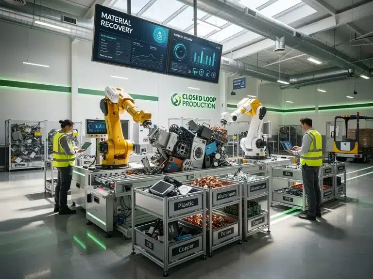 Advanced US manufacturing facility implementing circular economy principles for material reusability