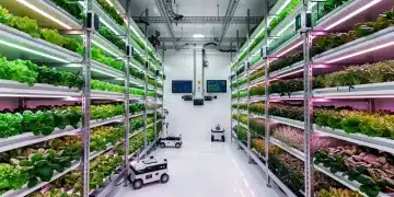Advanced US vertical farm with stacked crops and LED lighting