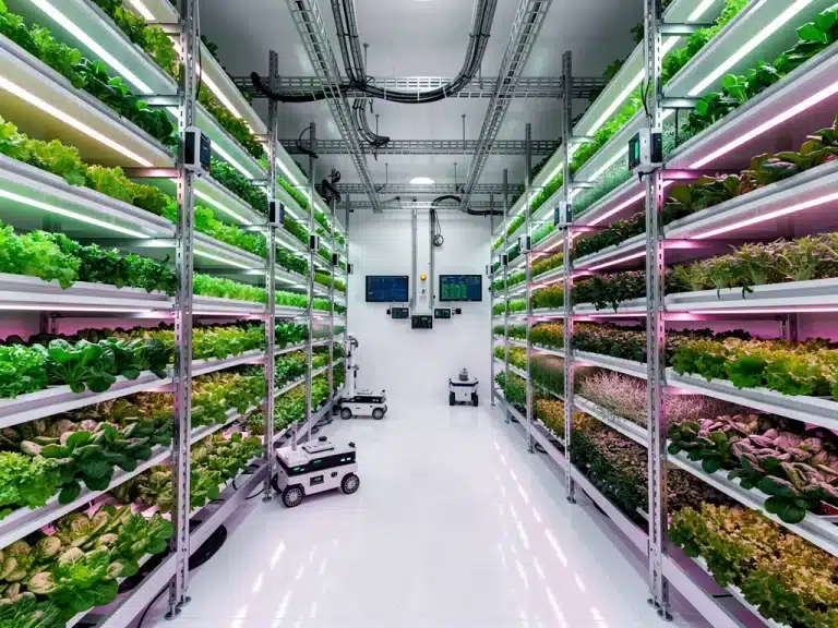 Advanced US vertical farm with stacked crops and LED lighting
