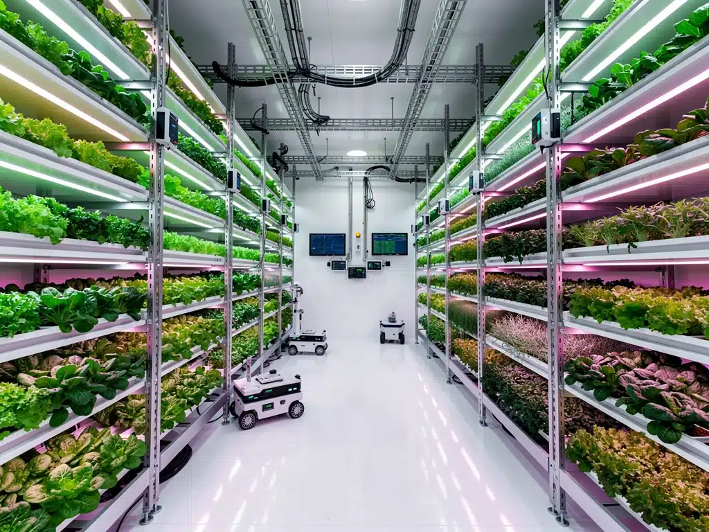 Advanced US vertical farm with stacked crops and LED lighting