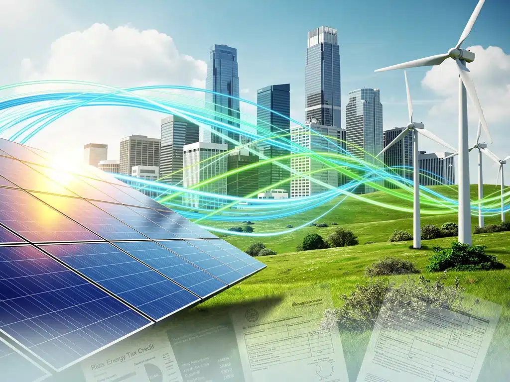 Illustration of solar panels and wind turbines symbolizing the impact of 2026 Clean Energy Tax Credits on the U.S. renewable sector.