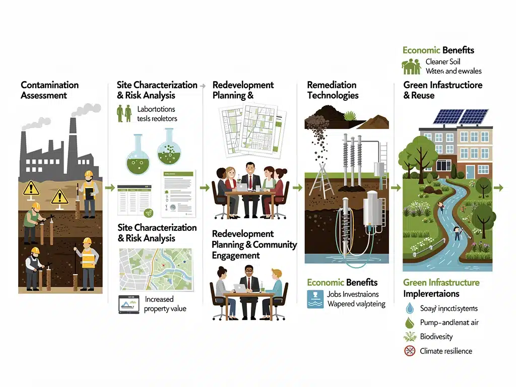 Infographic detailing the brownfield redevelopment lifecycle, emphasizing remediation and green infrastructure benefits.