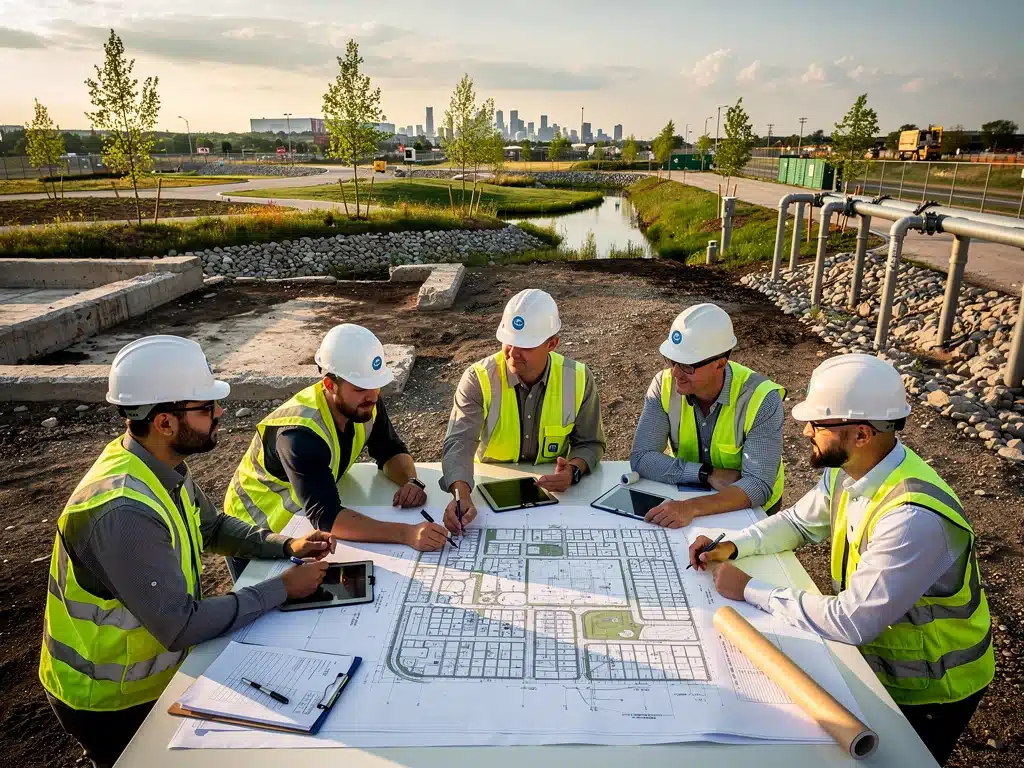 Environmental engineers and urban planners collaborating on brownfield redevelopment plans for climate resilience.