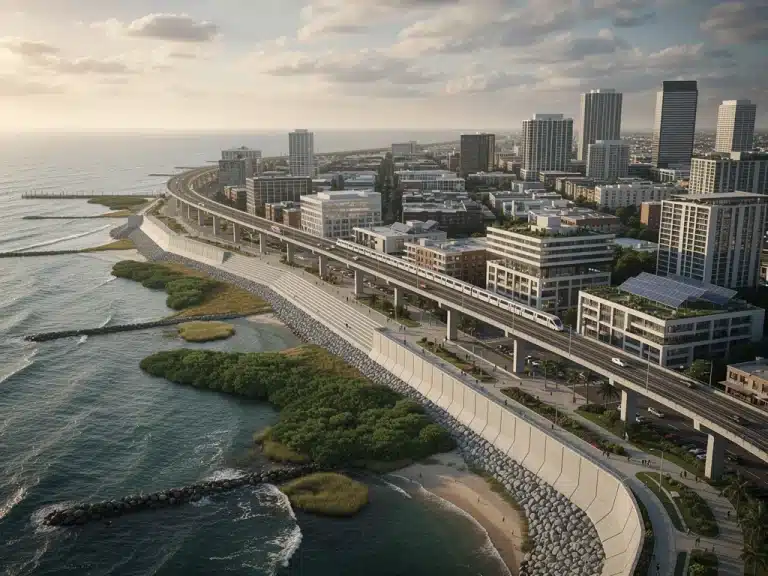 Coastal city with new climate resilience infrastructure from 2026 Infrastructure Bill