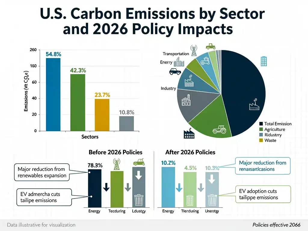Infographic detailing U.S. carbon emission sources and reduction areas by sector.