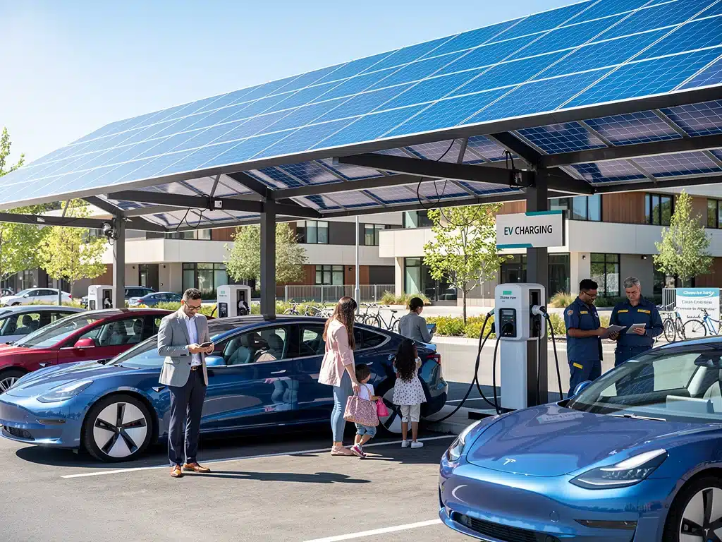 Electric vehicle charging station powered by solar, illustrating consumer benefits from clean energy policies.