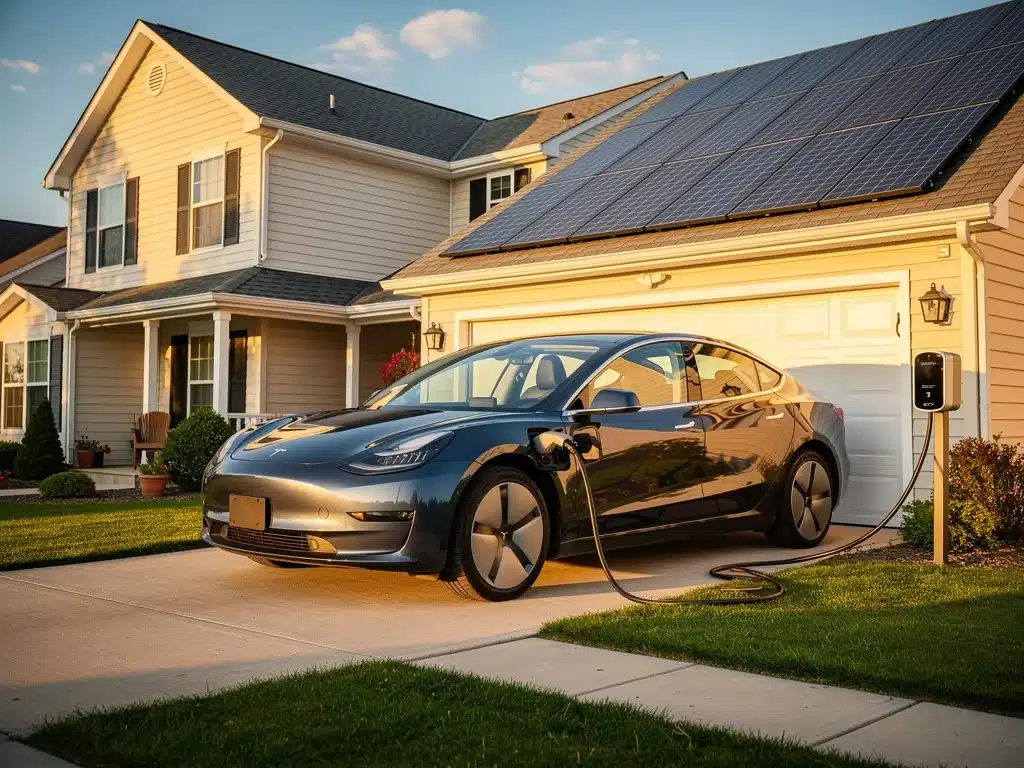Electric vehicle charging at home with rooftop solar panels visible.