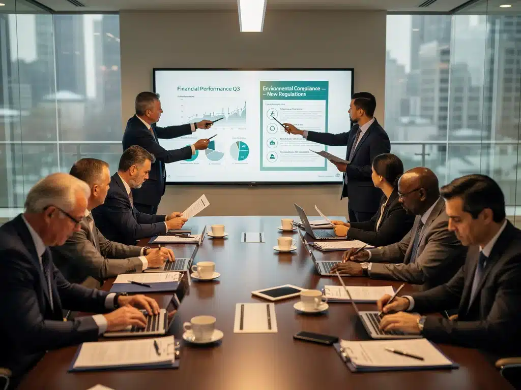 Business leaders discussing financial implications of environmental regulations