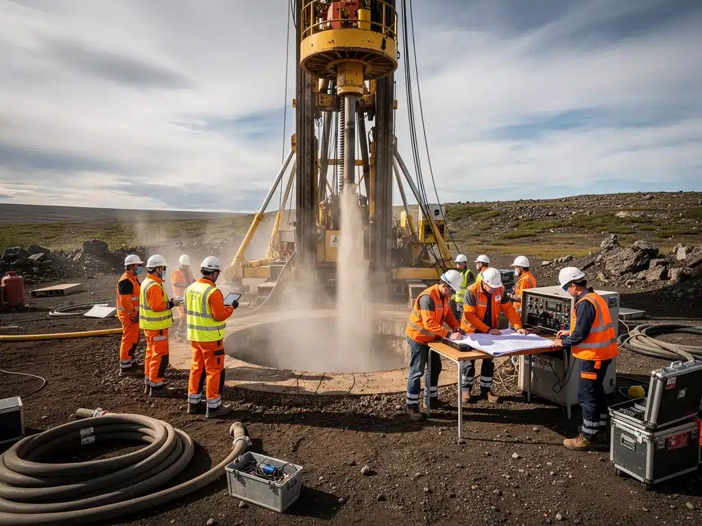 Geothermal drilling site with engineers, demonstrating advanced exploration techniques.