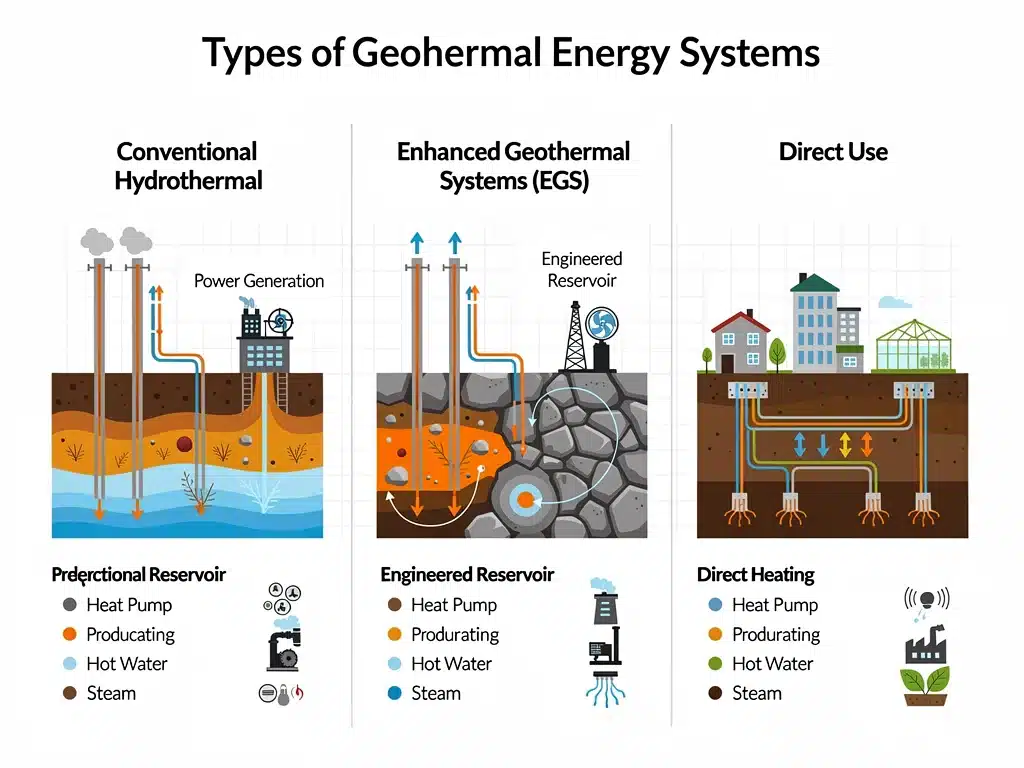 Infographic explaining various types of geothermal energy systems and their applications.