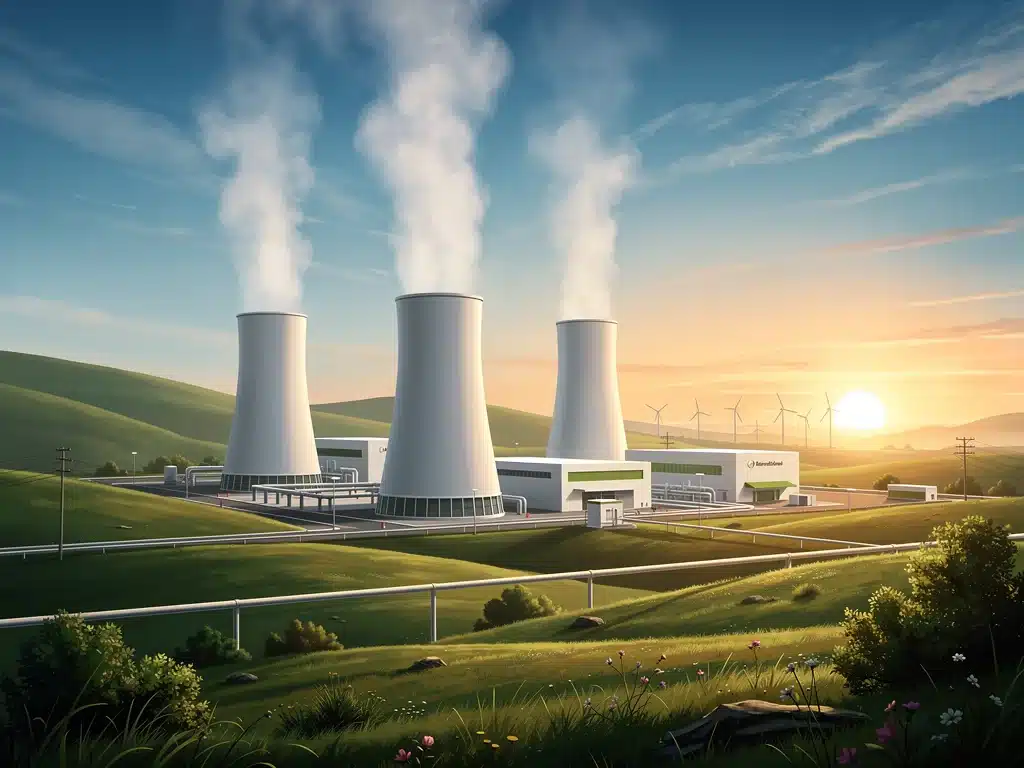 Geothermal power plant landscape with steam, symbolizing clean energy production in the U.S.
