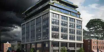 Modern climate-resilient building design with green roof and solar panels, illustrating updated U.S. building codes for 2026.