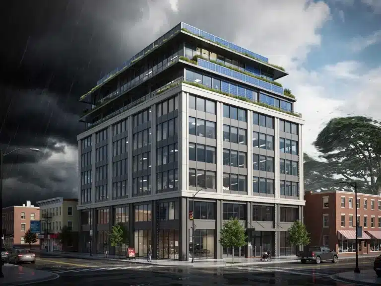 Modern climate-resilient building design with green roof and solar panels, illustrating updated U.S. building codes for 2026.