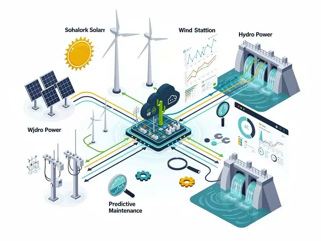Infographic depicting renewable energy integration into a modernized smart grid.