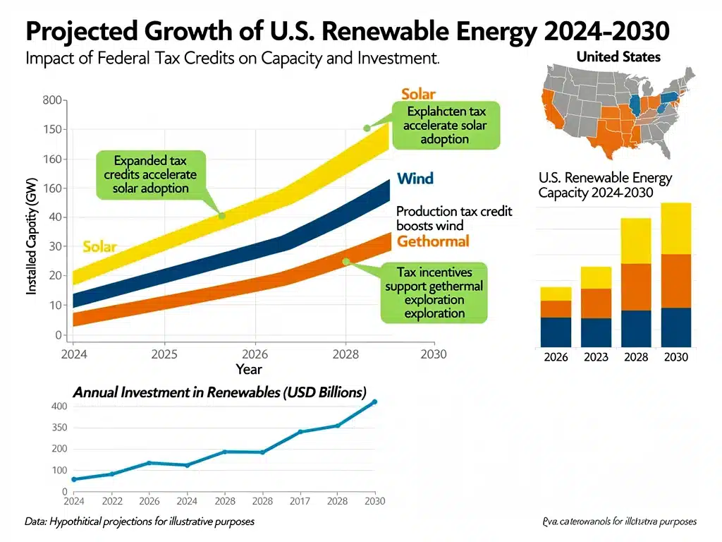 Infographic detailing projected growth of U.S. renewable energy sectors under new tax credits.