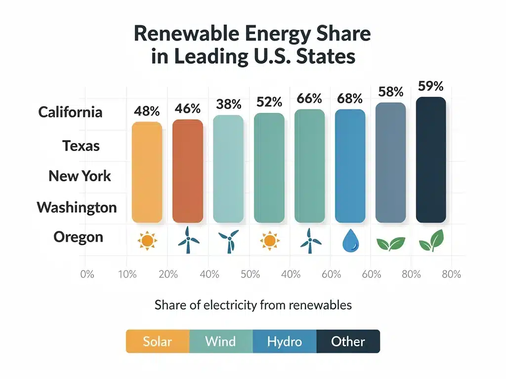 Infographic comparing renewable energy percentages in leading US states