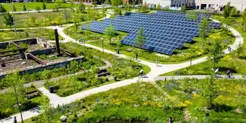 Revitalized brownfield site transformed into a green park with solar panels and natural landscaping, symbolizing climate solution success.