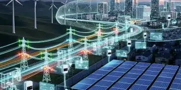 Smart Grid Technologies transforming U.S. energy landscape with digital overlays and renewable sources.