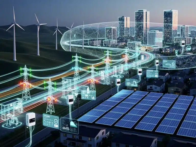 Smart Grid Technologies transforming U.S. energy landscape with digital overlays and renewable sources.