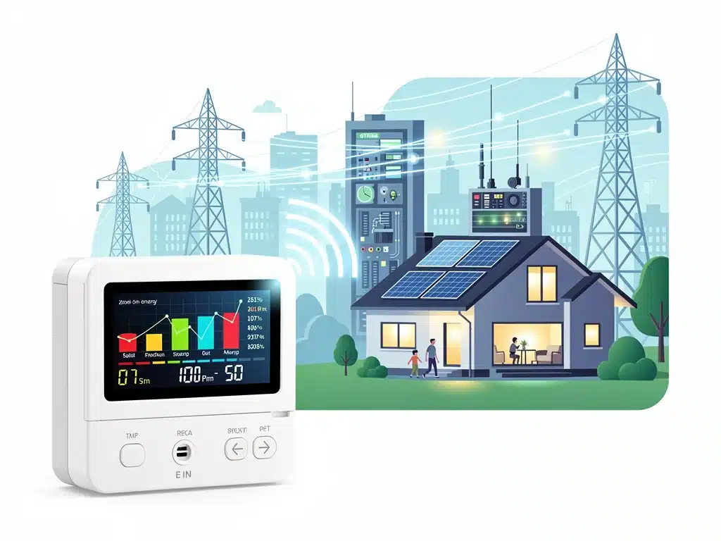 Smart meter displaying real-time energy data, optimizing household consumption.