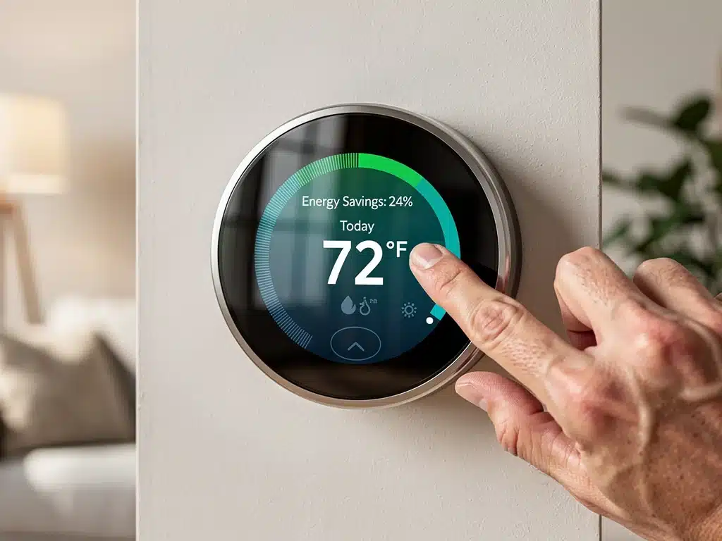 Smart thermostat showing energy savings, active temperature adjustment.