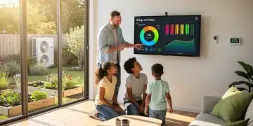 Family using smart home tech for carbon reduction in a modern, sustainable U.S. home.