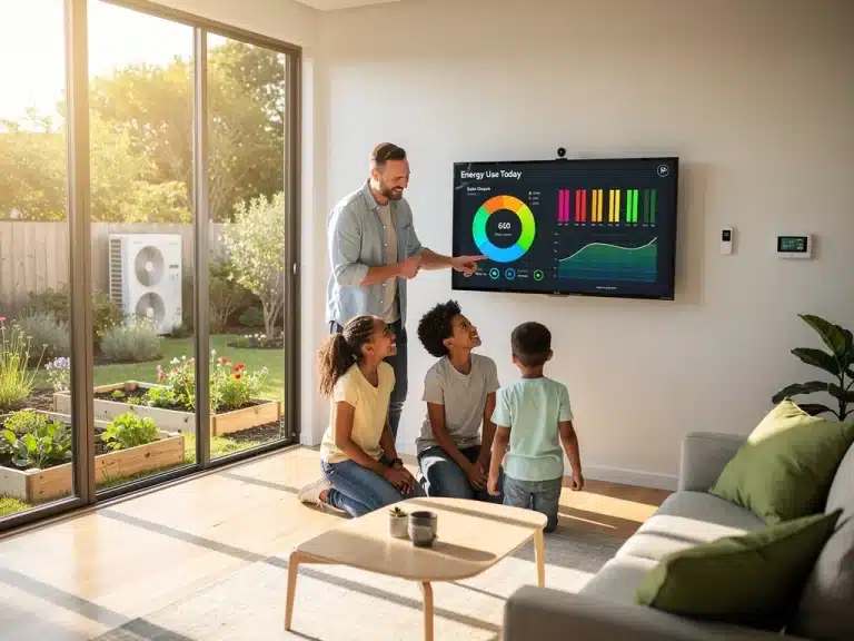 Family using smart home tech for carbon reduction in a modern, sustainable U.S. home.