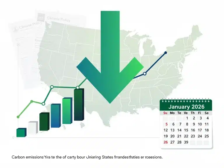 Graph showing declining U.S. carbon emissions with 2026 policy impact overlay.