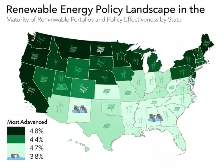Map of US states highlighting renewable energy policy effectiveness and portfolio maturity